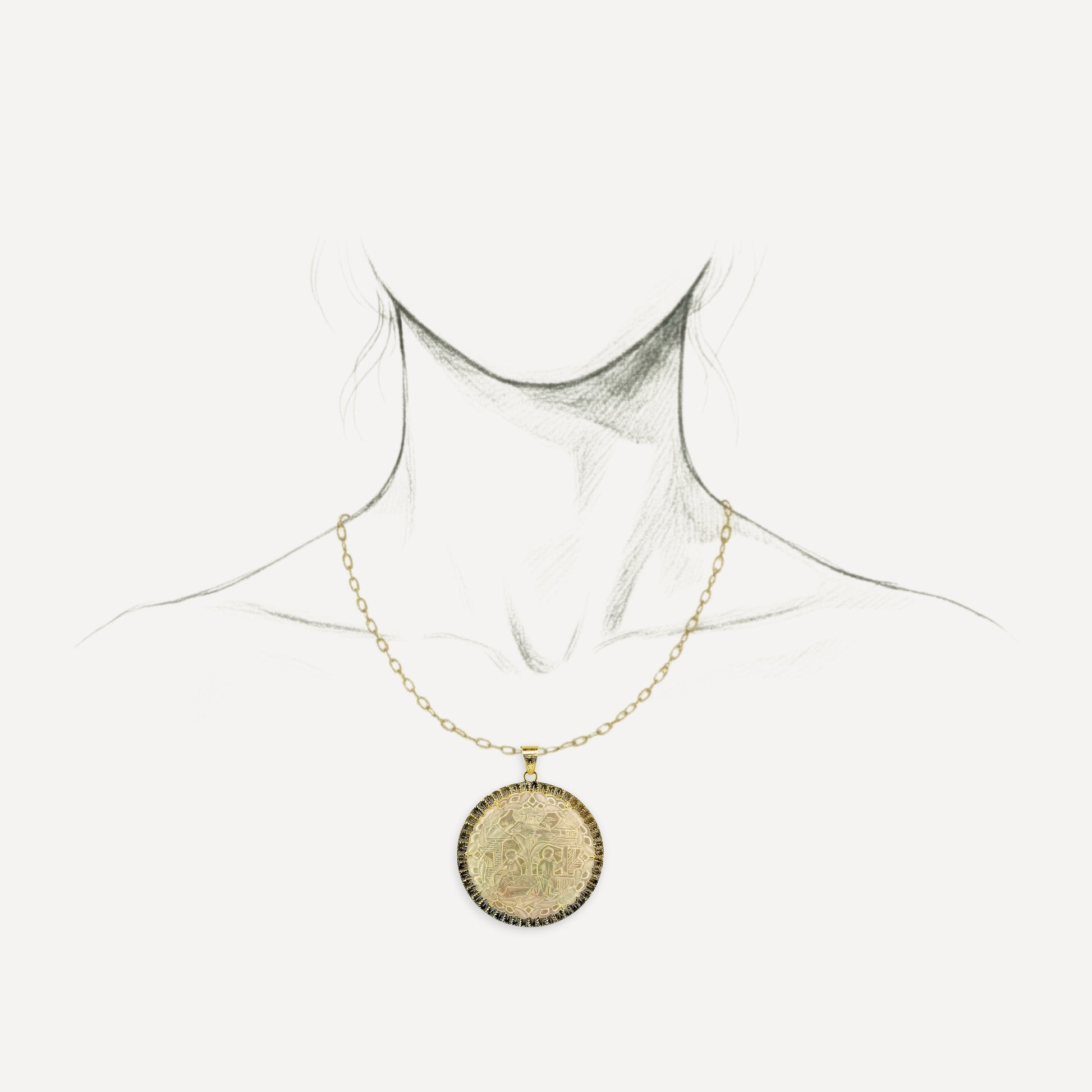 Antique Chinese Mother of Pearl Gambling Gaming Counter 18kt Pendant made in Florence, Italy by Cynthia Scott Jewelry