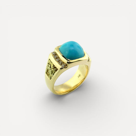 Kingman Mine Turquoise with gold nuggets and diamonds in 18kt Men's Ring made in USA for Cynthia Scott Jewelry