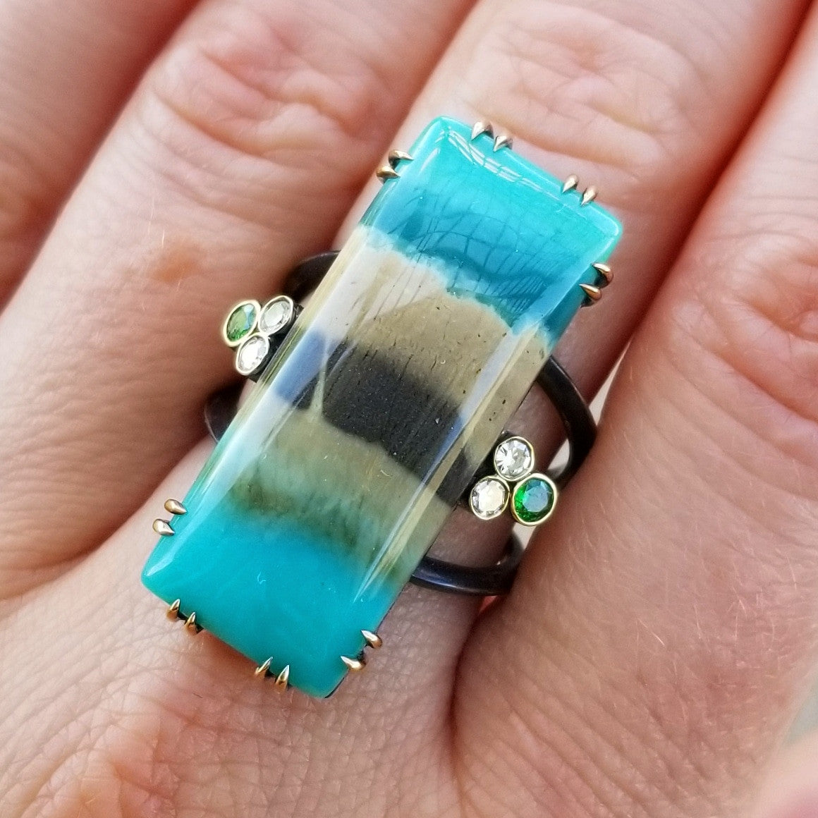 18kt and Sterling Silver Shield Ring in Opalized Fossil Wood made in USA by Cynthia Scott Jewelry