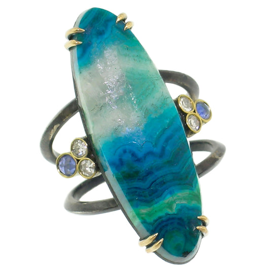 18kt and Sterling Shield Ring in Malachite, Chrysocolla, & Quartz made in USA by Cynthia Scott Jewelry