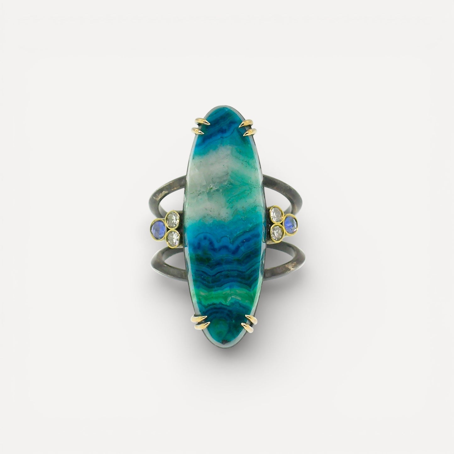 18kt and Sterling Shield Ring in Malachite, Chrysocolla, & Quartz made in USA by Cynthia Scott Jewelry