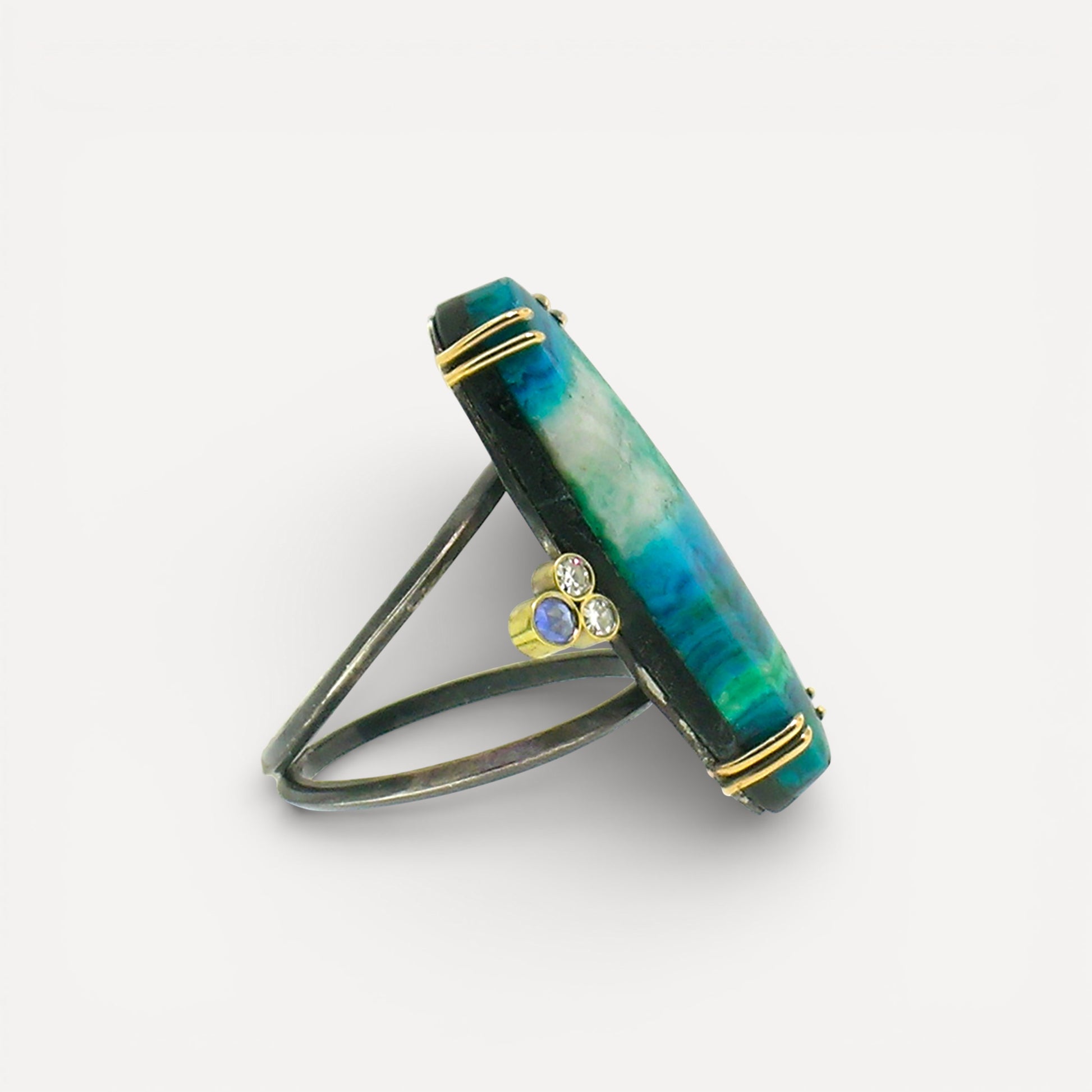 18kt and Sterling Shield Ring in Malachite, Chrysocolla, & Quartz made in USA by Cynthia Scott Jewelry