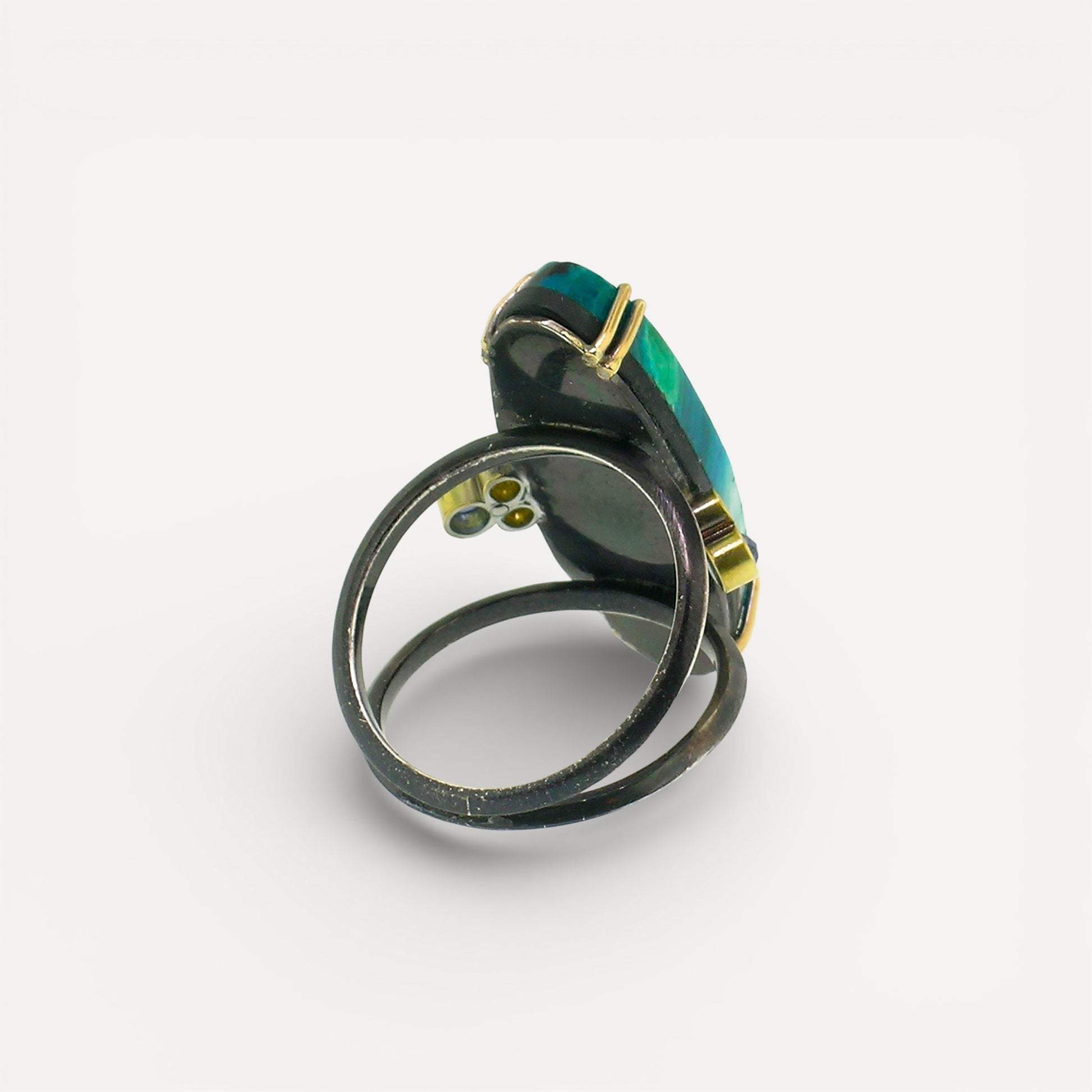 18kt and Sterling Shield Ring in Malachite, Chrysocolla, & Quartz made in USA by Cynthia Scott Jewelry