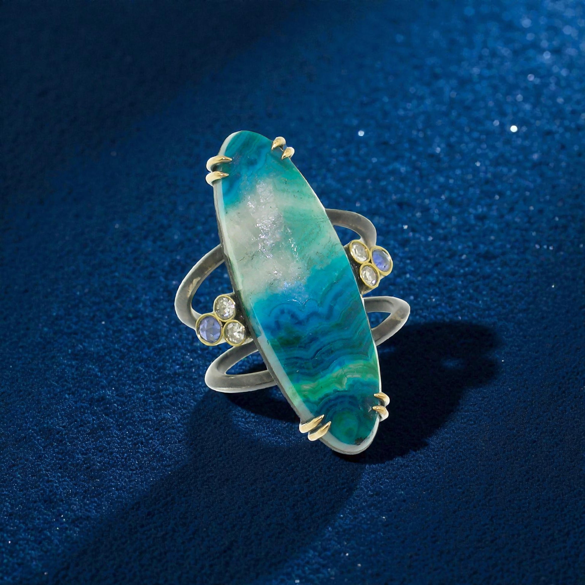 18kt and Sterling Shield Ring in Malachite, Chrysocolla, & Quartz made in USA by Cynthia Scott Jewelry