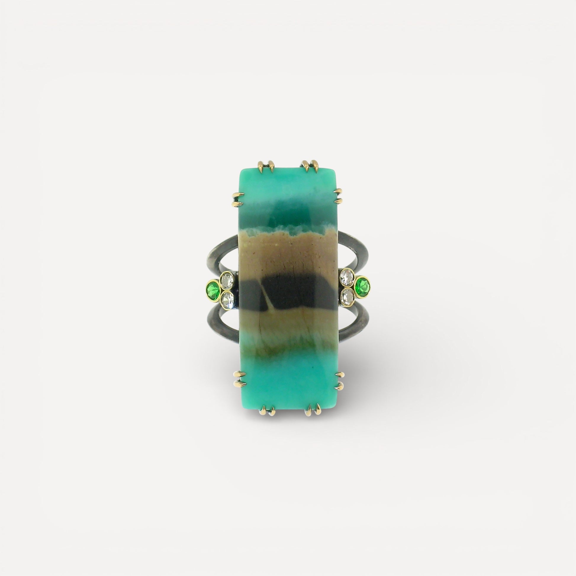 18kt and Sterling Silver Shield Ring in Opalized Fossil Wood made in USA by Cynthia Scott Jewelry