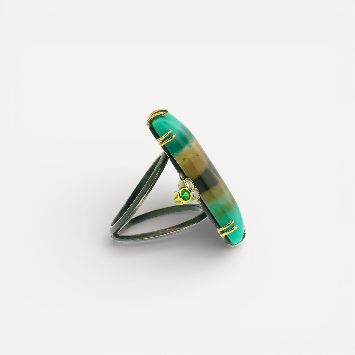 18kt and Sterling Silver Shield Ring in Opalized Fossil Wood made in USA by Cynthia Scott Jewelry