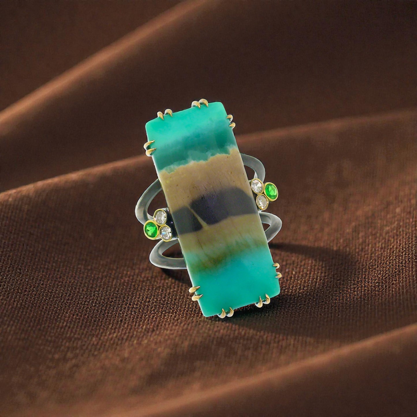 18kt and Sterling Silver Shield Ring in Opalized Fossil Wood made in USA by Cynthia Scott Jewelry