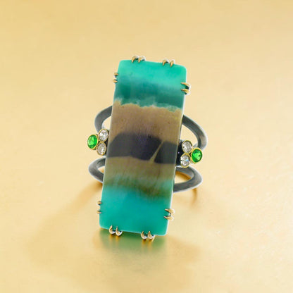 18kt and Sterling Silver Shield Ring in Opalized Fossil Wood made in USA by Cynthia Scott Jewelry