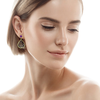 Purple Garnet & Tourmalinated Quartz 18kt Earrings