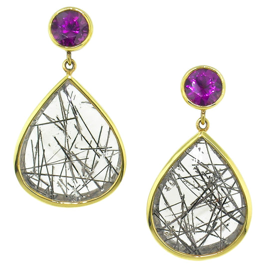 Purple Grape Garnet and Tourmalinated Quartz 18kt Earrings made in USA by Cynthia Scott Jewelry