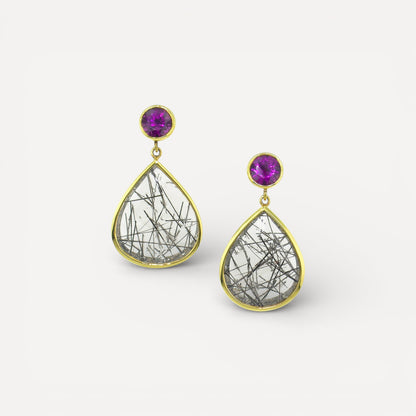Purple Grape Garnet and Tourmalinated Quartz 18kt Earrings made in USA by Cynthia Scott Jewelry