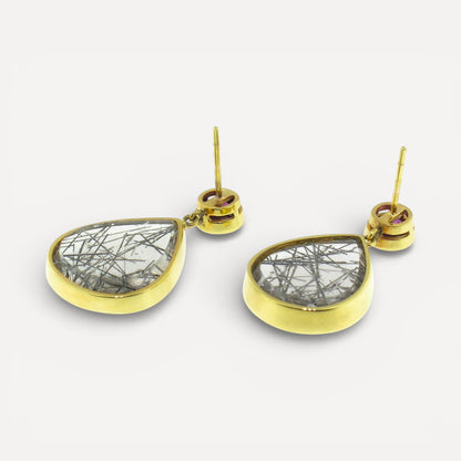 Purple Grape Garnet and Tourmalinated Quartz 18kt Earrings made in USA by Cynthia Scott Jewelry