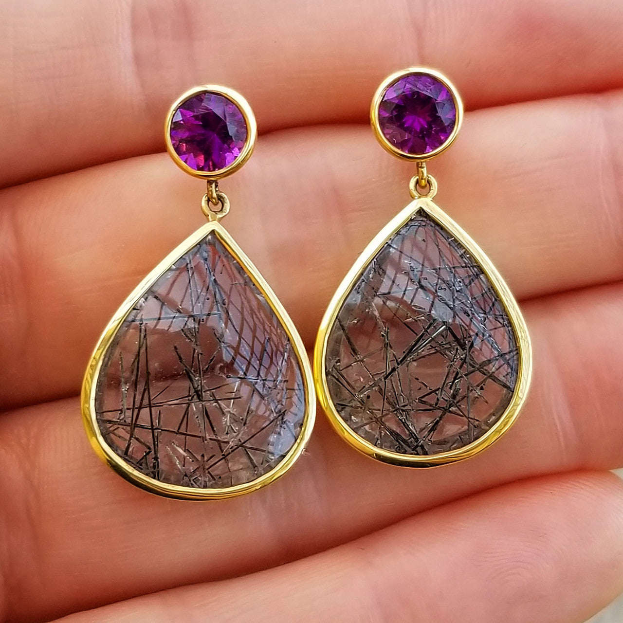 Purple Grape Garnet and Tourmalinated Quartz 18kt Earrings made in USA by Cynthia Scott Jewelry