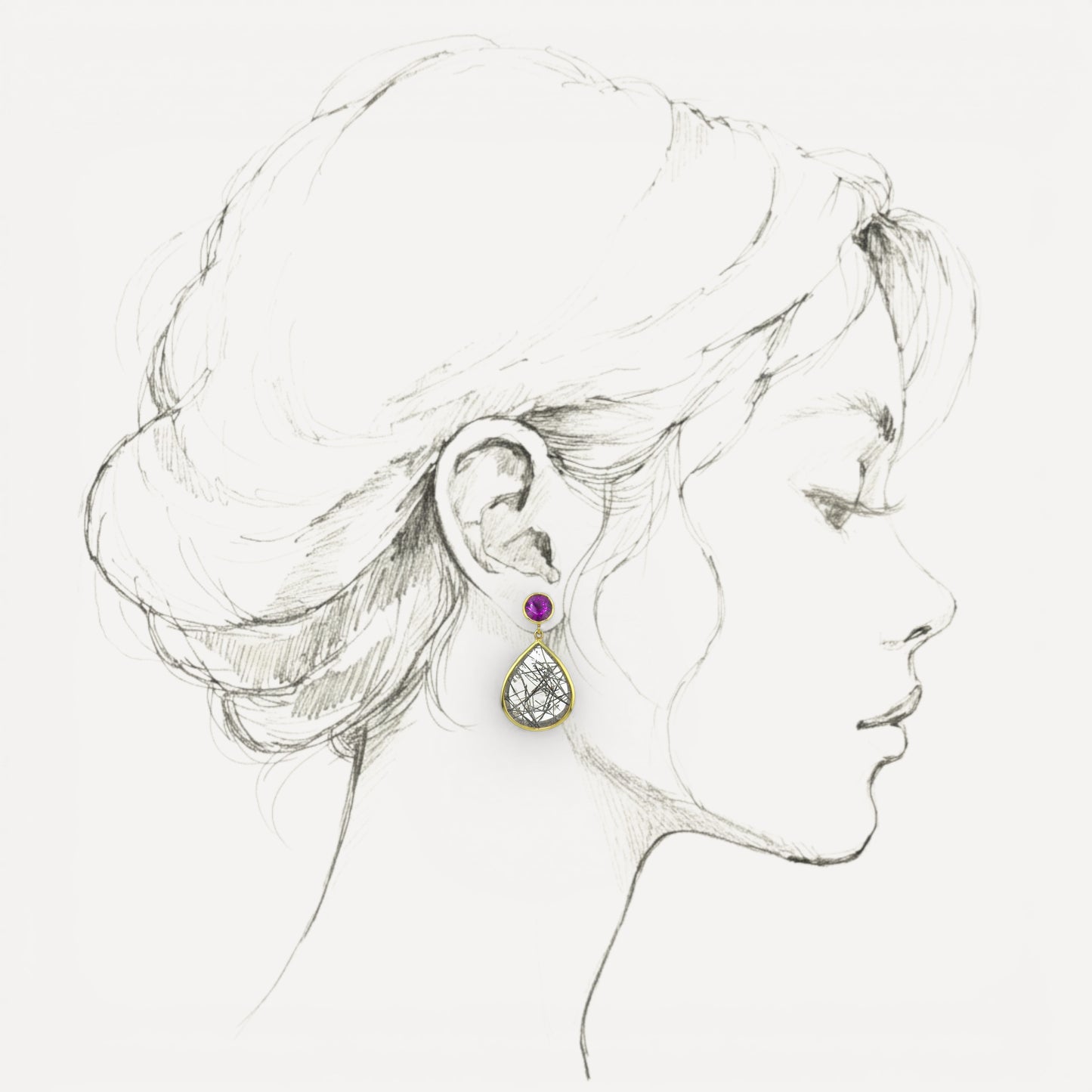 Purple Grape Garnet and Tourmalinated Quartz 18kt Earrings made in USA by Cynthia Scott Jewelry