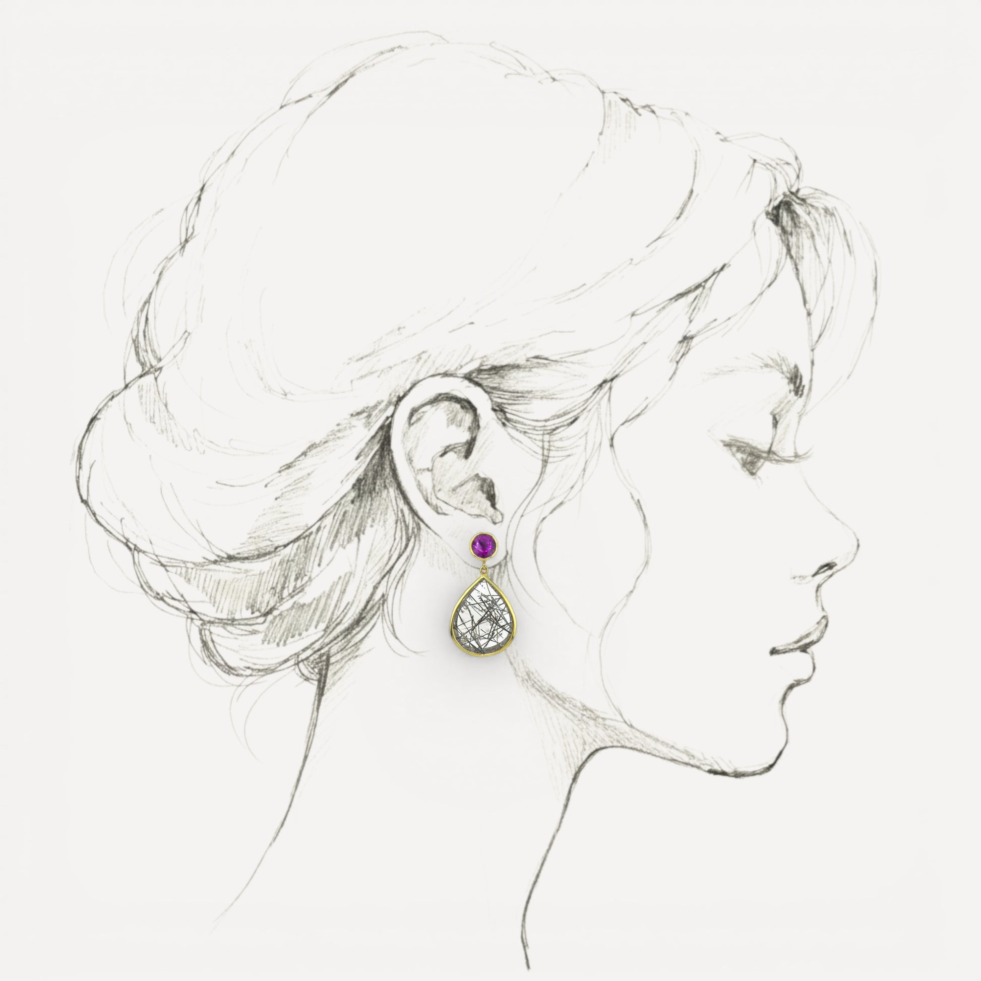 Purple Grape Garnet and Tourmalinated Quartz 18kt Earrings made in USA by Cynthia Scott Jewelry