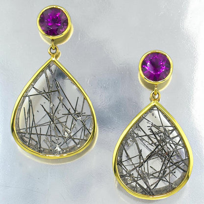 Purple Grape Garnet and Tourmalinated Quartz 18kt Earrings made in USA by Cynthia Scott Jewelry