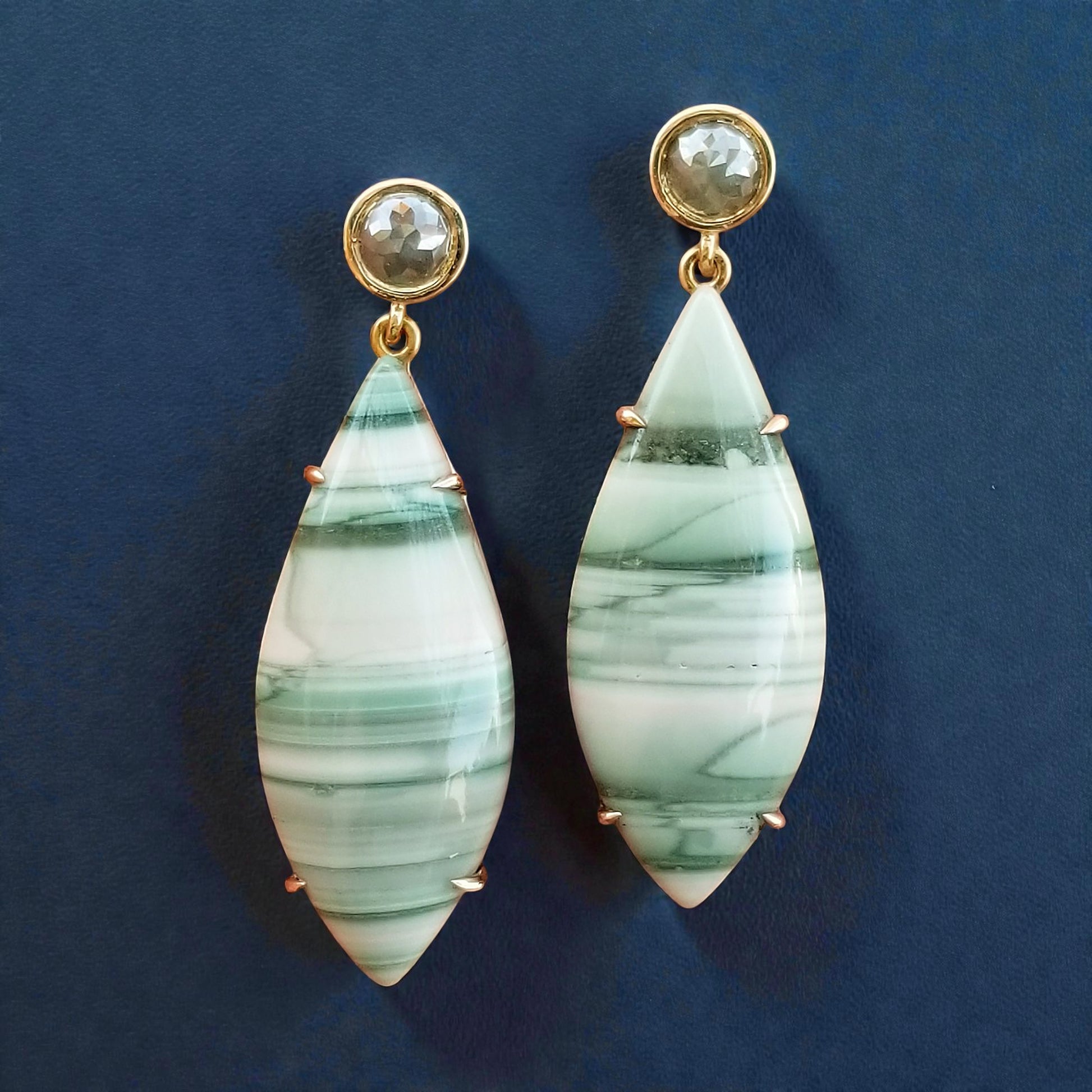 Saturn Chalcedony & Diamond 18kt Earrings made in USA by Cynthia Scott Jewelry