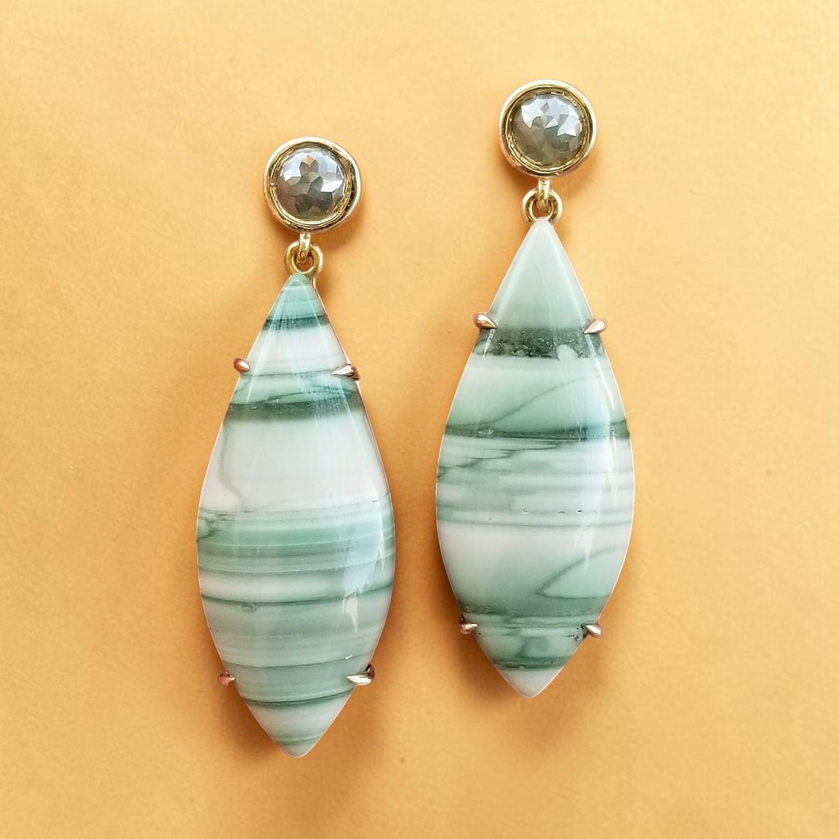 Saturn Chalcedony & Diamond 18kt Earrings made in USA by Cynthia Scott Jewelry