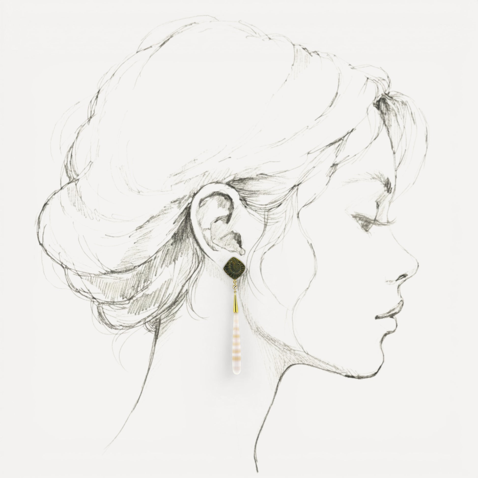 A pair of 18kt gold earrings with pyrite fossil ammonite and German-carved agate which feature alternate bands of creamy white and translucent peach. Made in the USA by Cynthia Scott Jewelry.