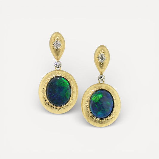 Lightening Ridge Black Opal and Diamond 18kt Bianca Drop Earrings made in Florence, Italy by Cynthia Scott Jewelry.