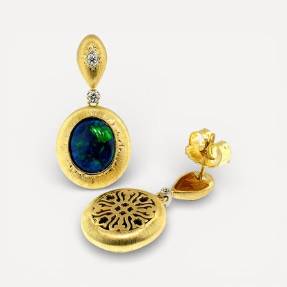 Lightening Ridge Black Opal and Diamond 18kt Bianca Drop Earrings made in Florence, Italy by Cynthia Scott Jewelry.