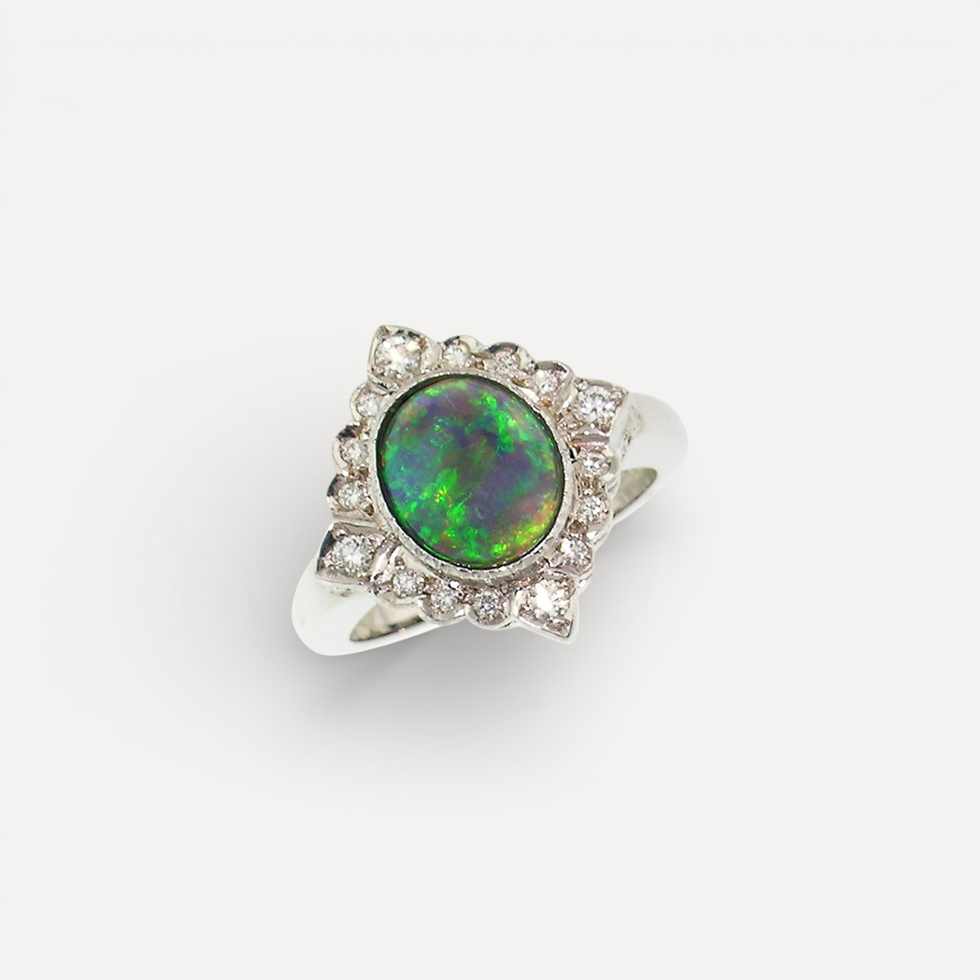 Australian Black Opal & Diamond 18kt Alessia Florentine Engraved Ring made in Florence, Italy by Cynthia Scott Jewelry