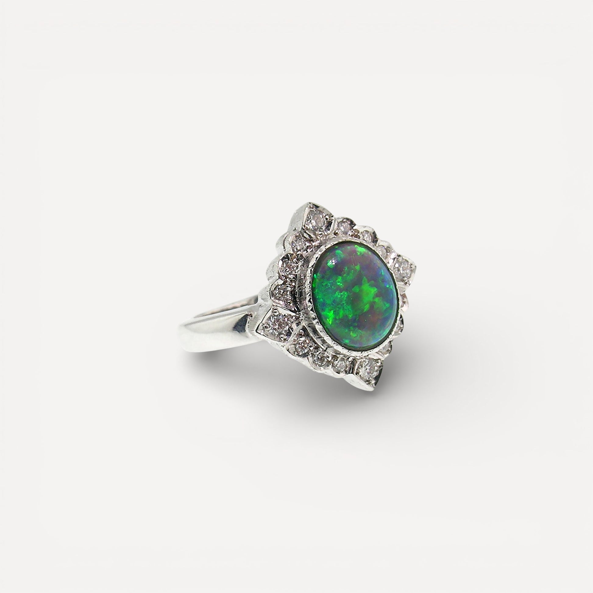 Australian Black Opal & Diamond 18kt Alessia Florentine Engraved Ring made in Florence, Italy by Cynthia Scott Jewelry