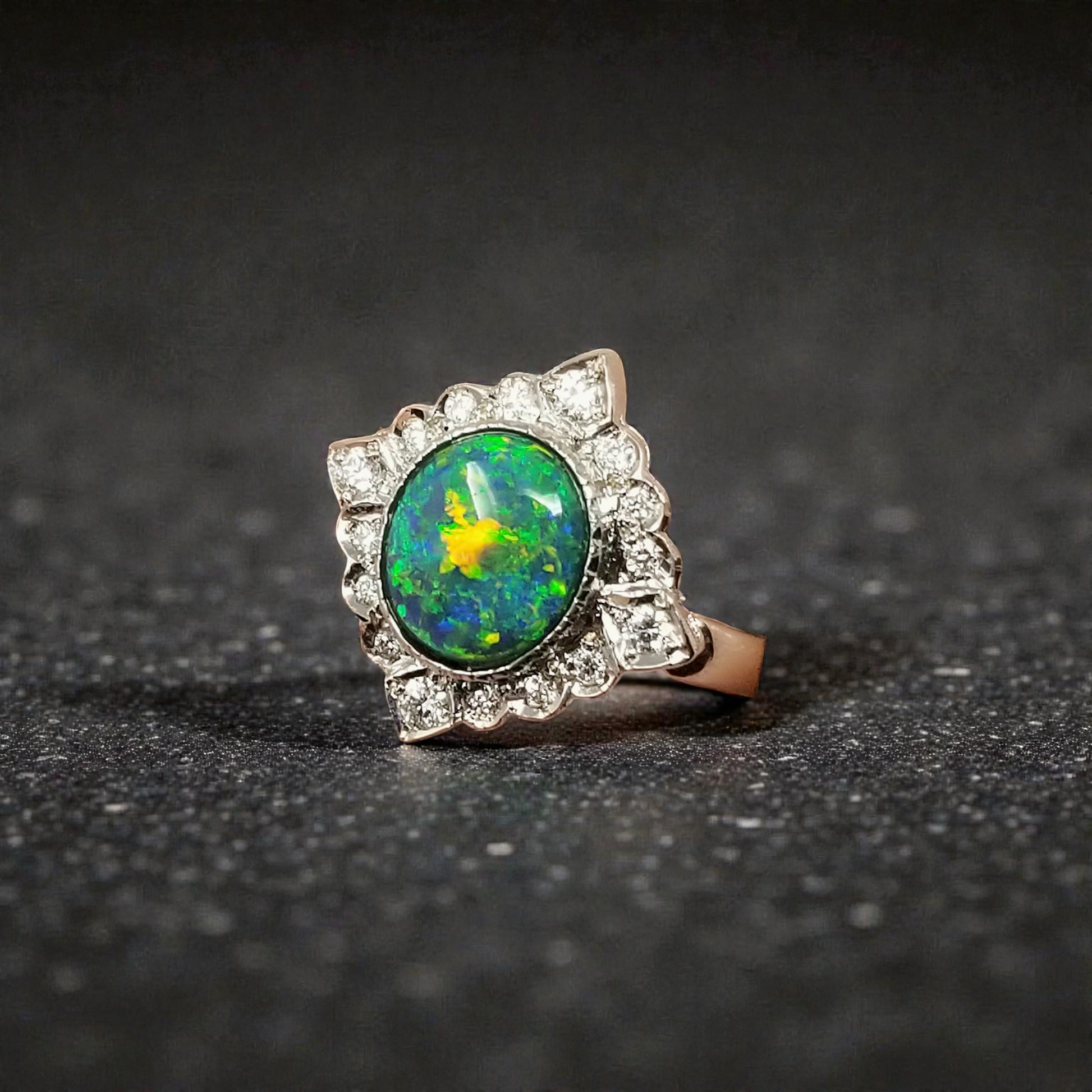 Australian Black Opal & Diamond 18kt Alessia Florentine Engraved Ring made in Florence, Italy by Cynthia Scott Jewelry