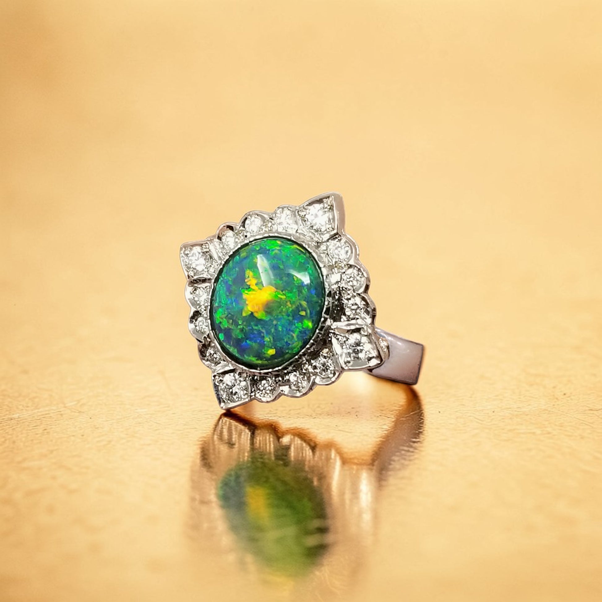 Lightening Ridge Australian Black Opal & Diamond 18kt Alessia Florentine Engraved Ring made in Florence, Italy by Cynthia Scott Jewelry