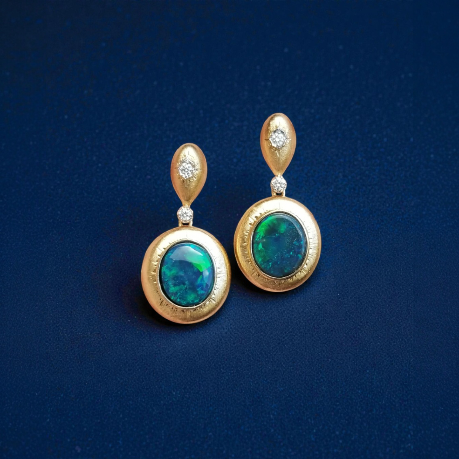 Lightening Ridge Black Opal and Diamond 18kt Bianca Drop Earrings made in Florence, Italy by Cynthia Scott Jewelry.