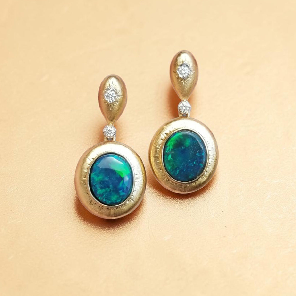 Lightening Ridge Black Opal and Diamond 18kt Bianca Drop Earrings made in Florence, Italy by Cynthia Scott Jewelry.