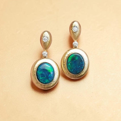 Lightening Ridge Black Opal and Diamond 18kt Bianca Drop Earrings made in Florence, Italy by Cynthia Scott Jewelry.