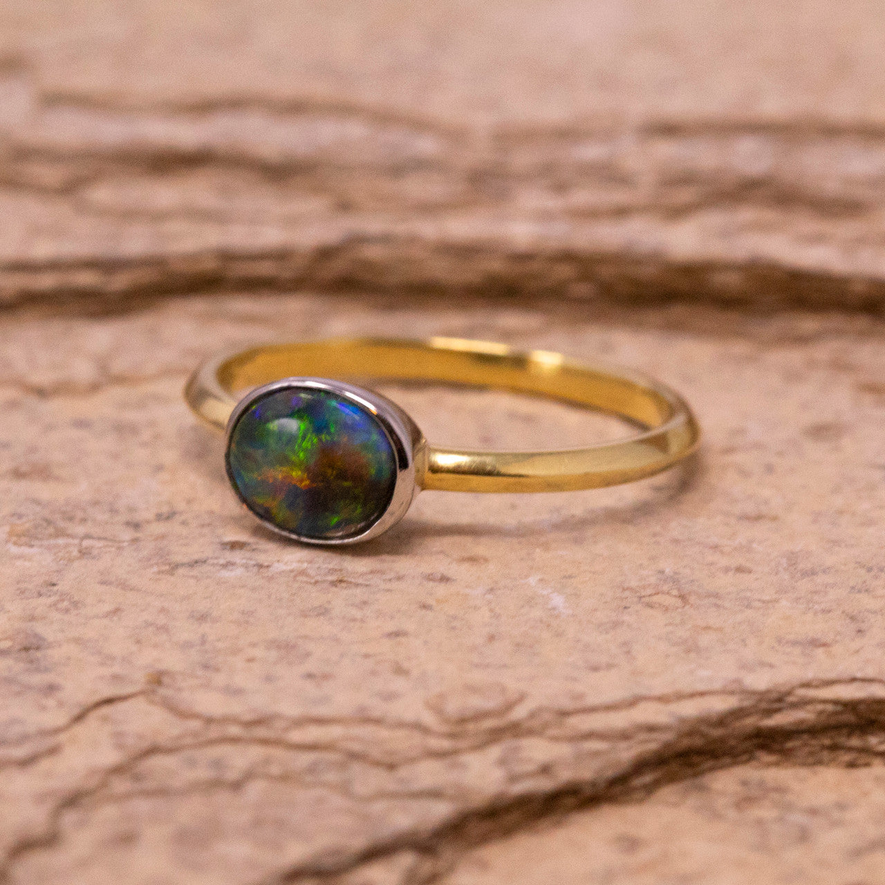 Australian Black Opal Paloma 18kt Gold Ring made in USA by Cynthia Scott Jewelry