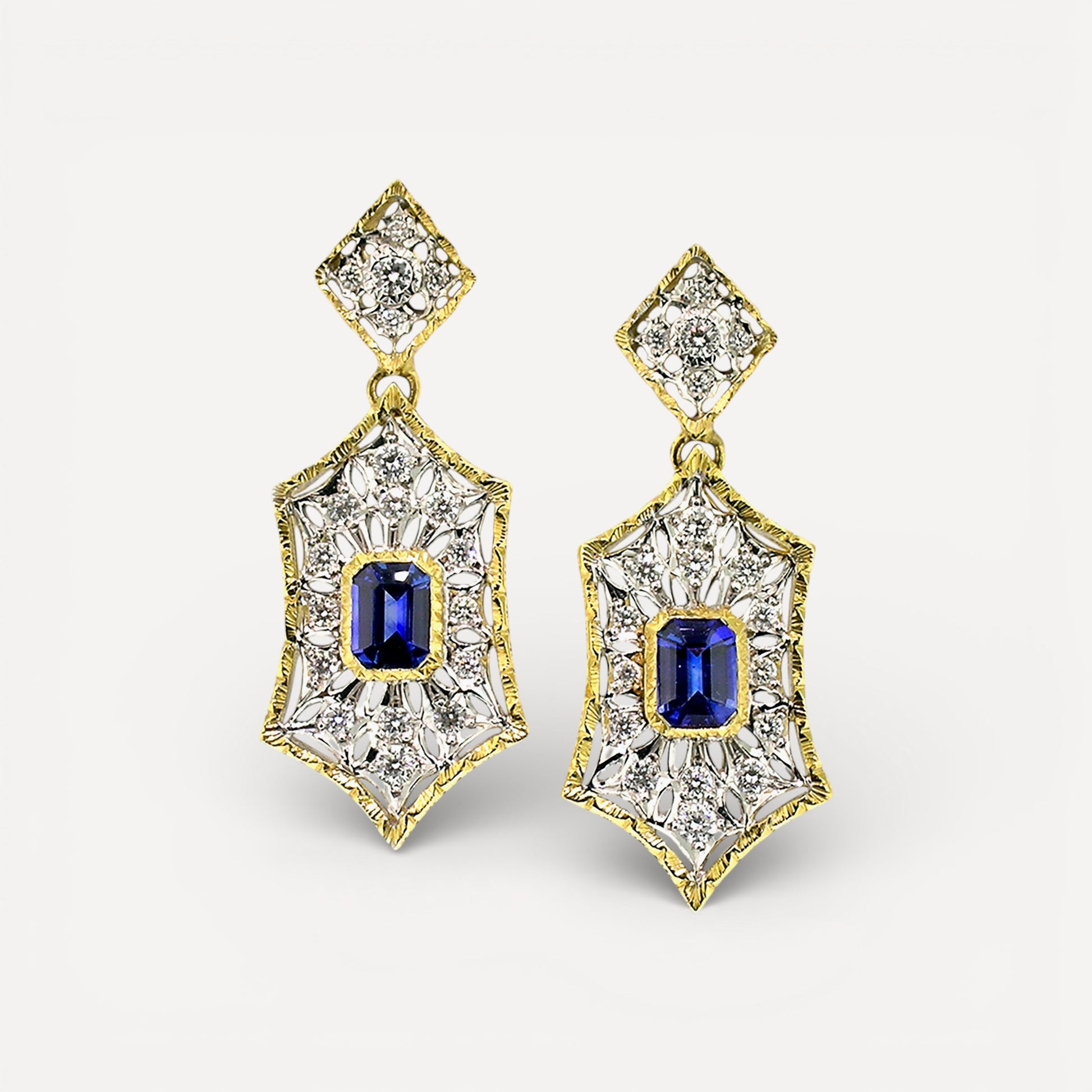 Florentine Engraved 18kt Giulia earrings featuring Blue Sapphires & Diamonds. Made in Florence, Italy by Cynthia Scott Jewelry.