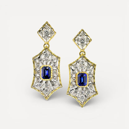 Florentine Engraved 18kt Giulia earrings featuring Blue Sapphires & Diamonds. Made in Florence, Italy by Cynthia Scott Jewelry.