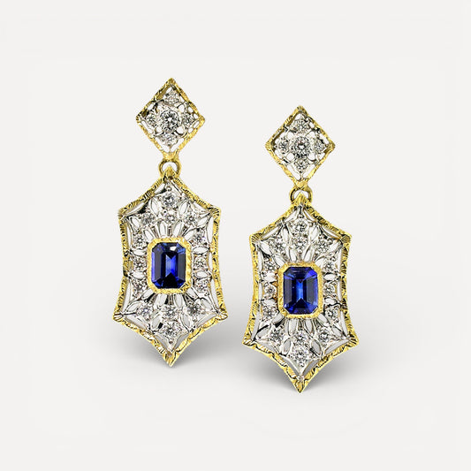 Florentine Engraved 18kt Giulia earrings featuring Blue Sapphires & Diamonds. Made in Florence, Italy by Cynthia Scott Jewelry.