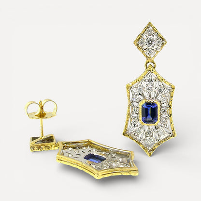 Florentine Engraved 18kt Giulia earrings featuring Blue Sapphires & Diamonds. Made in Florence, Italy by Cynthia Scott Jewelry.