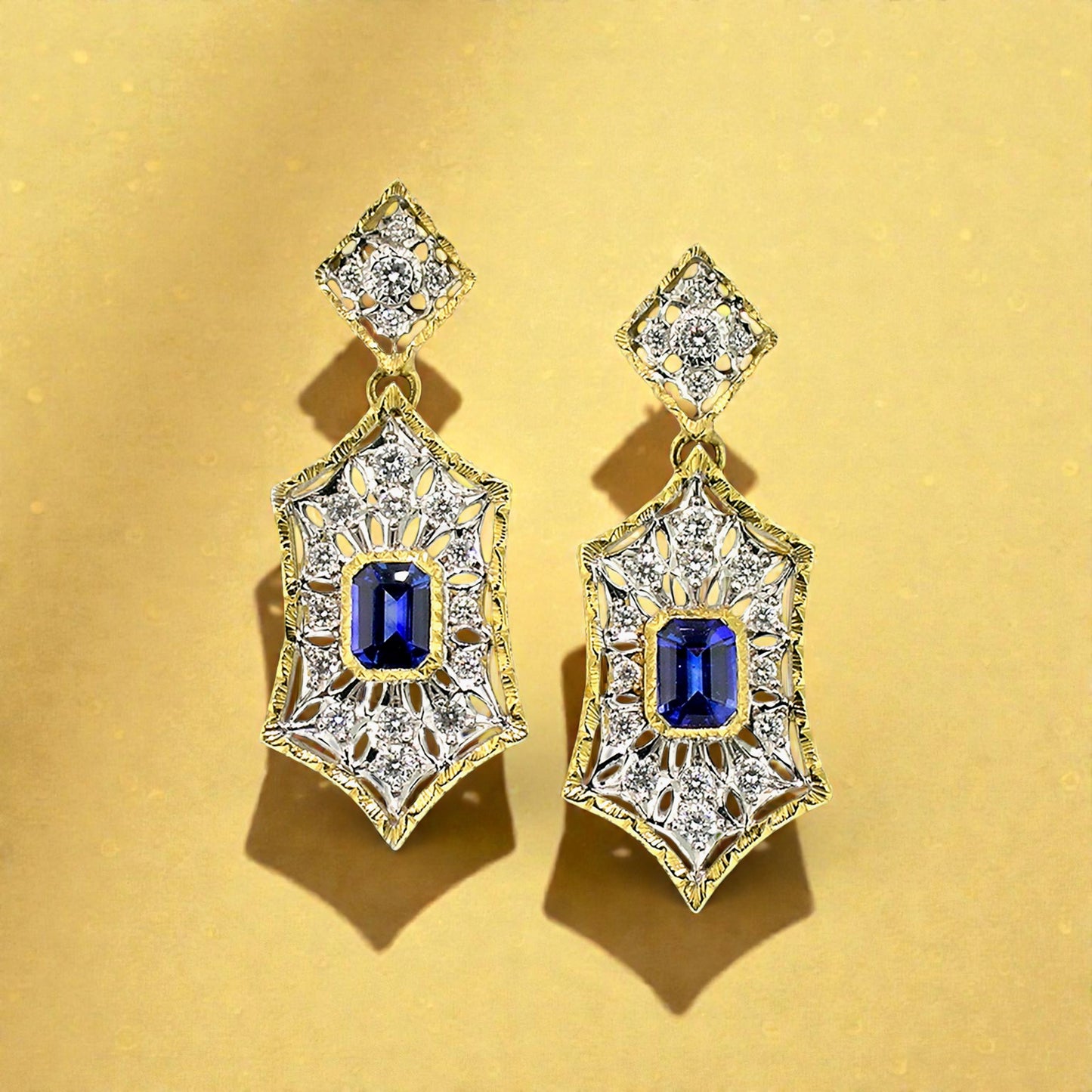 Florentine Engraved 18kt Giulia earrings featuring Blue Sapphires & Diamonds. Made in Florence, Italy by Cynthia Scott Jewelry.