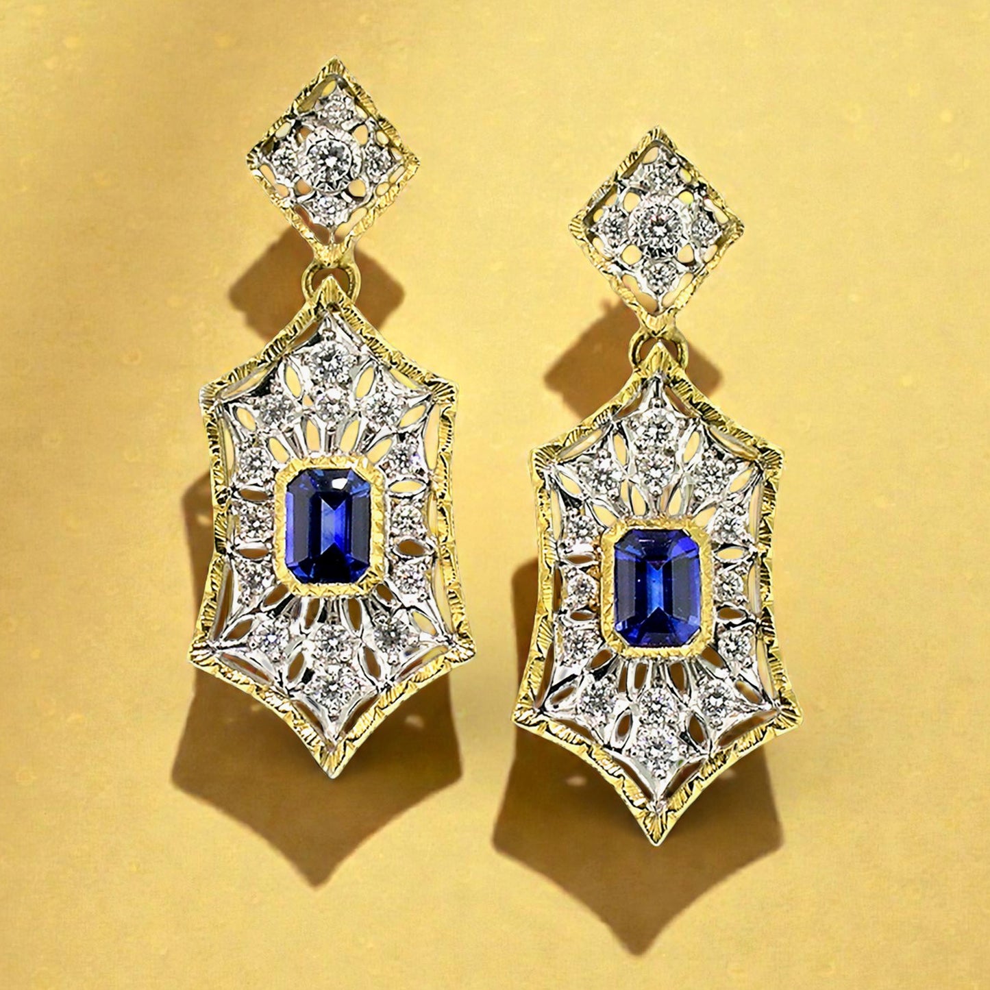 Florentine Engraved 18kt Giulia earrings featuring Blue Sapphires & Diamonds. Made in Florence, Italy by Cynthia Scott Jewelry.