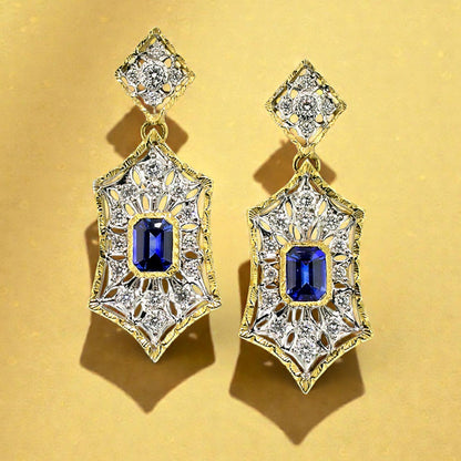Florentine Engraved 18kt Giulia earrings featuring Blue Sapphires & Diamonds. Made in Florence, Italy by Cynthia Scott Jewelry.