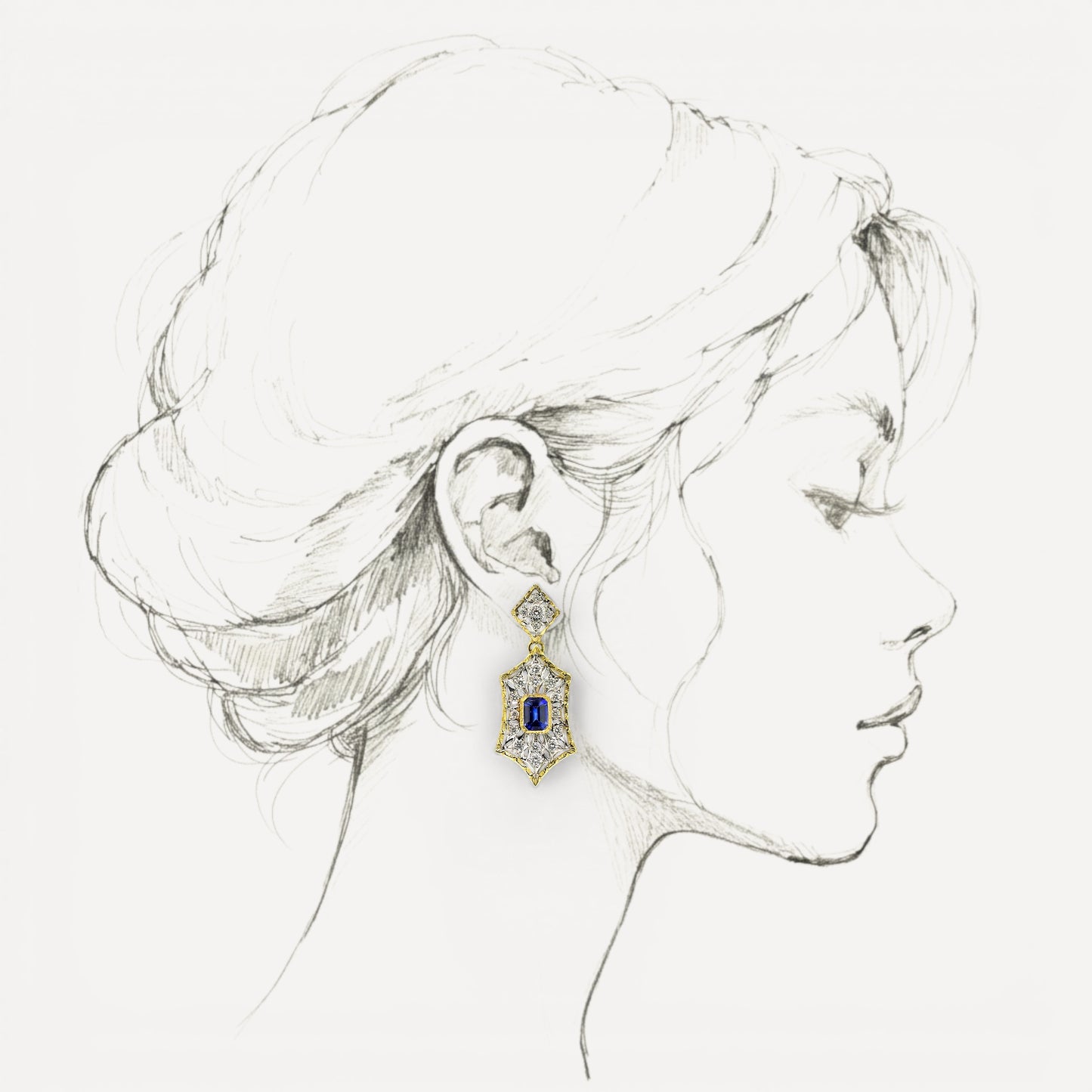 Florentine Engraved 18kt Giulia earrings featuring Blue Sapphires & Diamonds. Made in Florence, Italy by Cynthia Scott Jewelry.