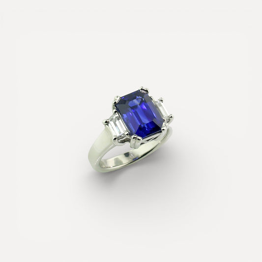 Royal Blue Sapphire & Diamond Platinum Ring made in USA by Cynthia Scott Jewelry.