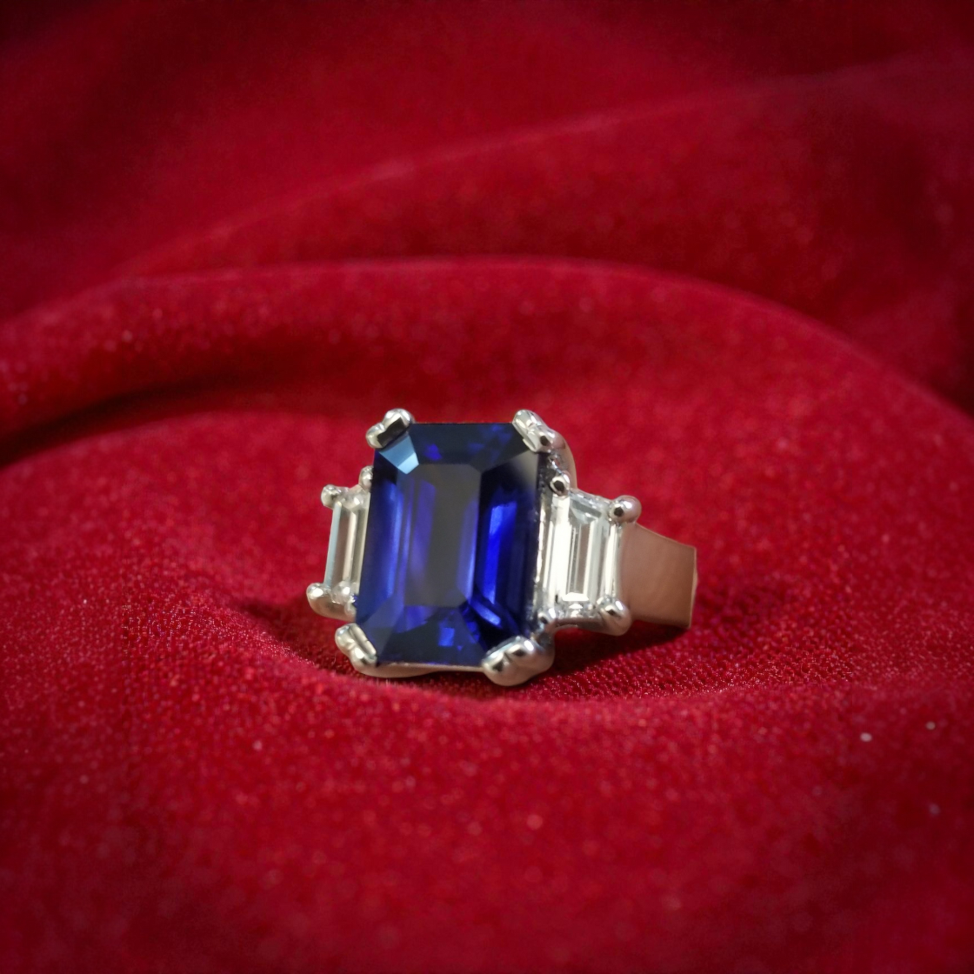 Royal Blue Sapphire & Diamond Platinum Ring made in USA by Cynthia Scott Jewelry.