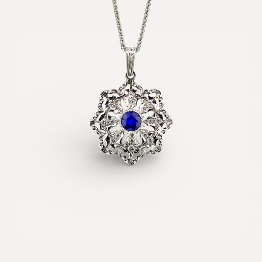 Ceylon Sapphire and Diamond 18kt snowflake Pendant made in Florence, Italy by Cynthia Scott Jewelry