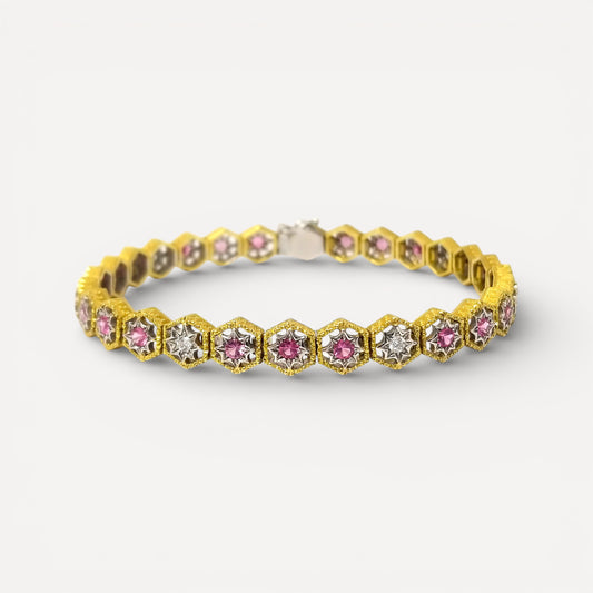 An 18kt Florentine Engraved bracelet with Mahenge pink spinels and diamonds. Made in Florence, Italy by Cynthia Scott Jewelry.