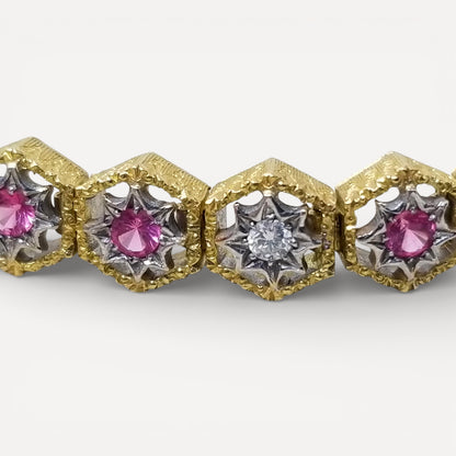An 18kt Florentine Engraved bracelet with Mahenge pink spinels and diamonds. Made in Florence, Italy by Cynthia Scott Jewelry.