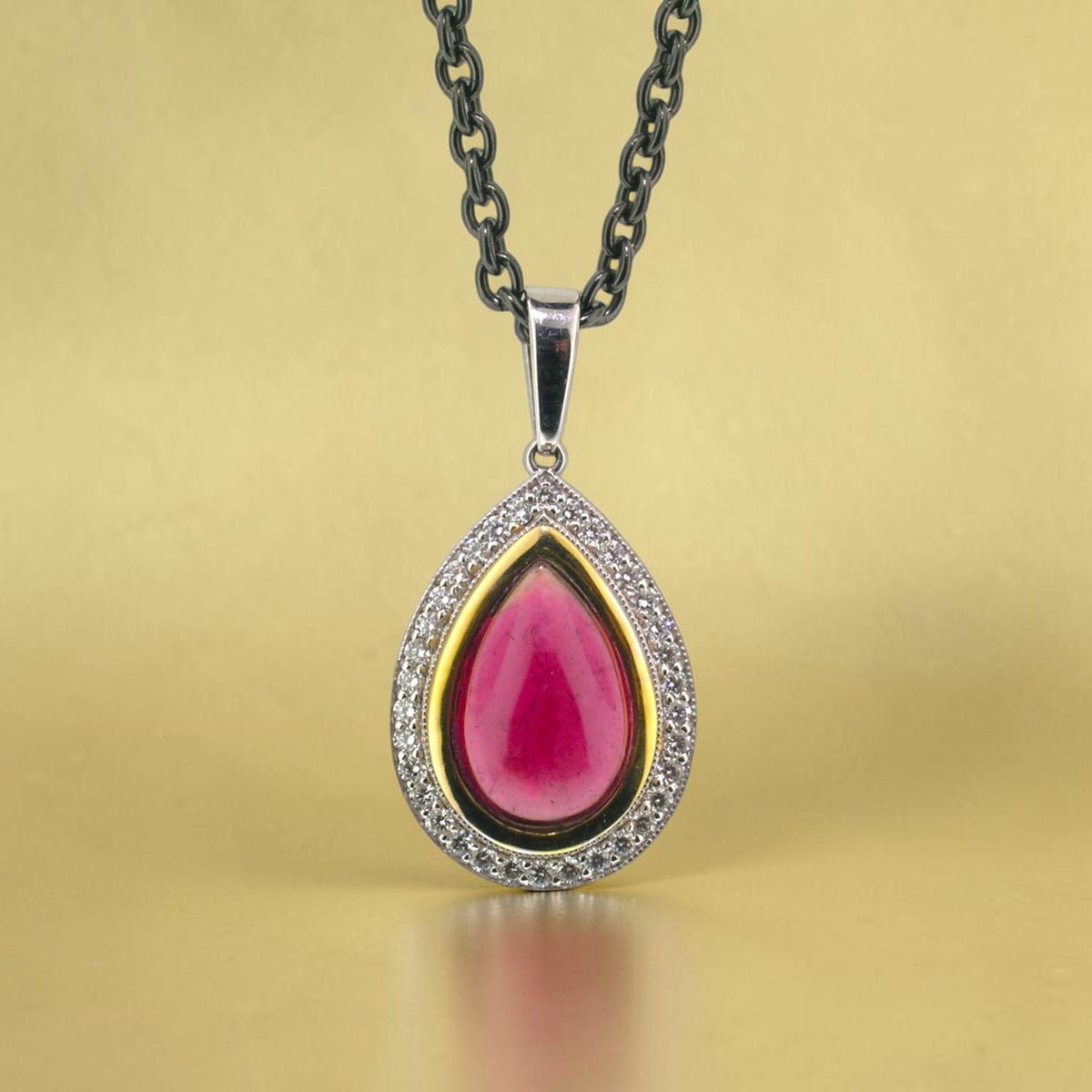 Rubellite Tourmaline Cabochon and Diamond 18kt Necklace made in USA by Cynthia Scott Jewelry