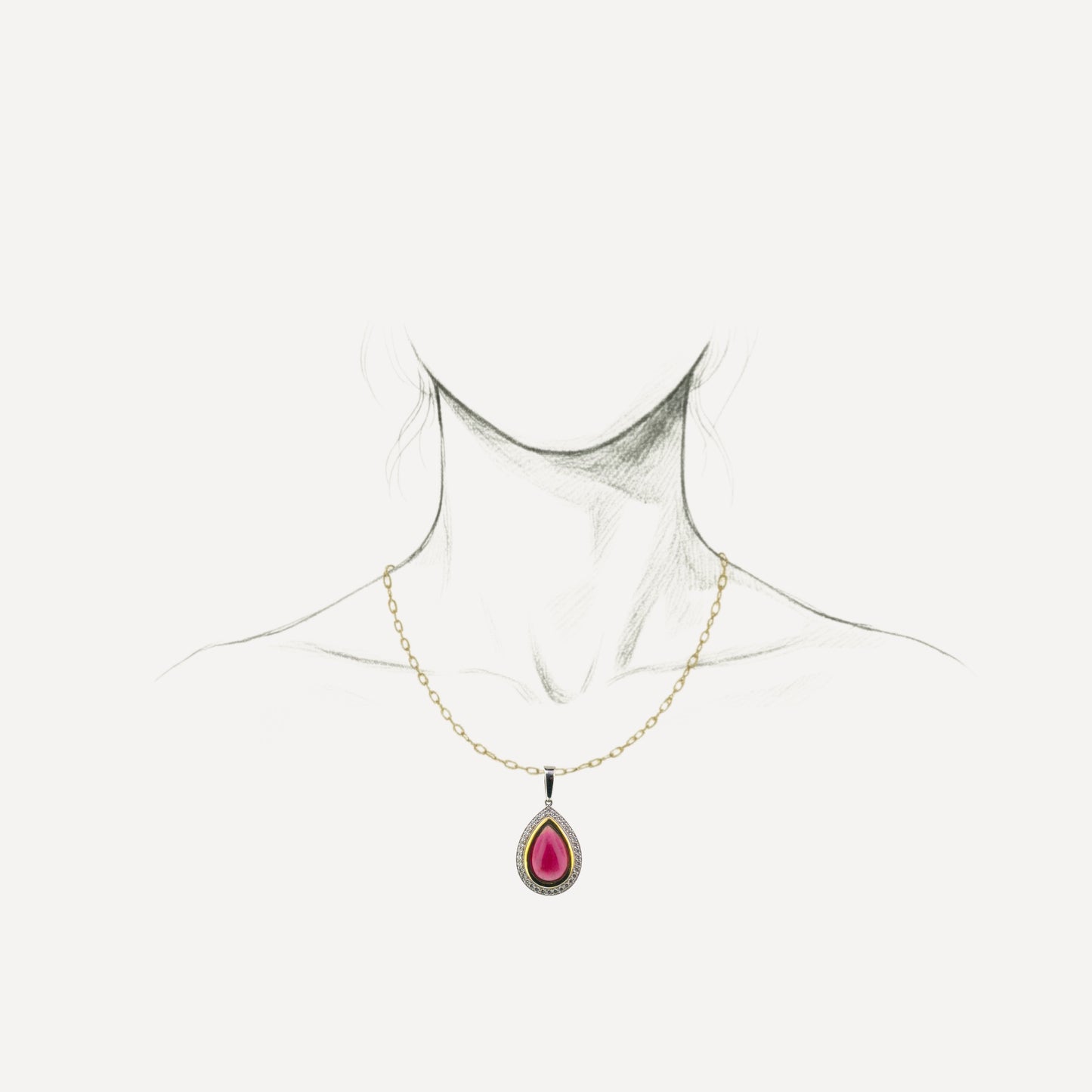 Rubellite Tourmaline Cabochon and Diamond 18kt Necklace made in USA by Cynthia Scott Jewelry