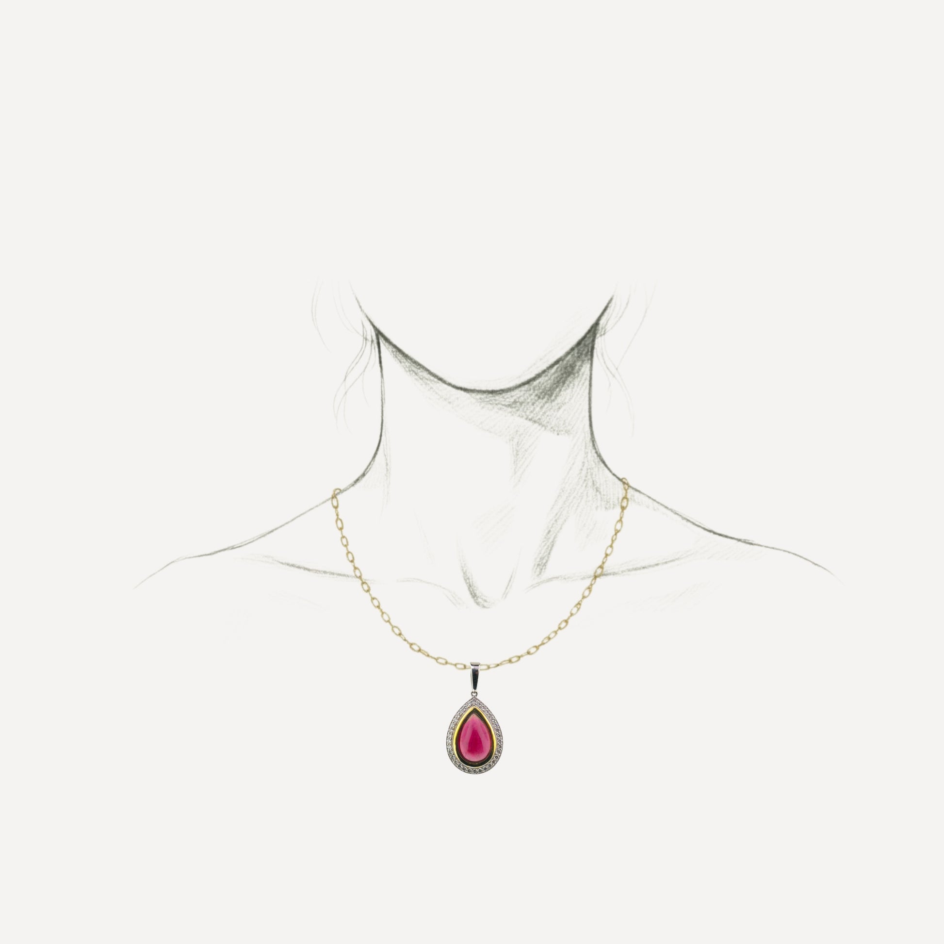Rubellite Tourmaline Cabochon and Diamond 18kt Necklace made in USA by Cynthia Scott Jewelry
