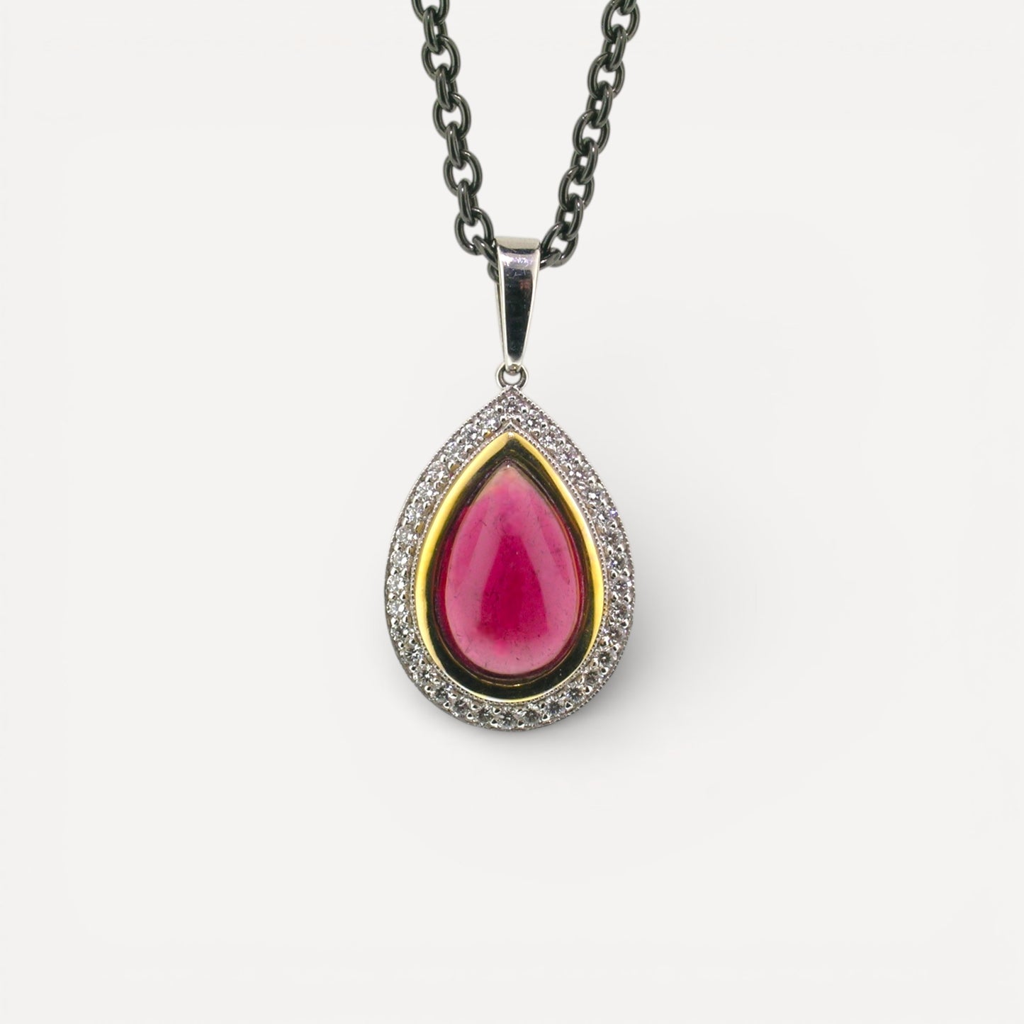 Rubellite Tourmaline Cabochon and Diamond 18kt Necklace made in USA by Cynthia Scott Jewelry